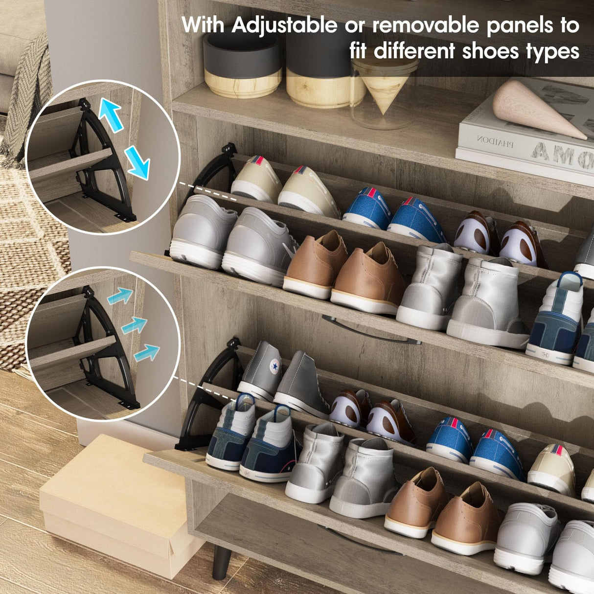 Halitaa Shoe Cabinet with 2 Flip Drawers,Shoe Storage Cabinet for Entryway,Freestanding Shoe Cabinet Organizer with Open Storage,Narrow Farmhouse Shoe Rack with Legs,Grey Halitaa