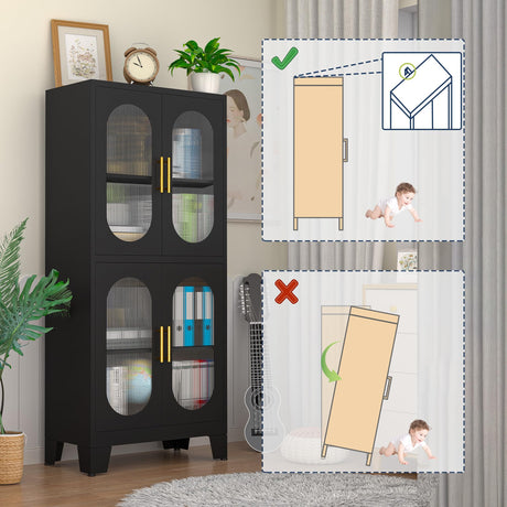 GAIOUS Black Kitchen Pantry Cabinet, Pantry Storage Cabinet with Acrylic Glass Doors and Adjustable Shelves, Metal Storage Cabinet for Kitchen, GAIOUS