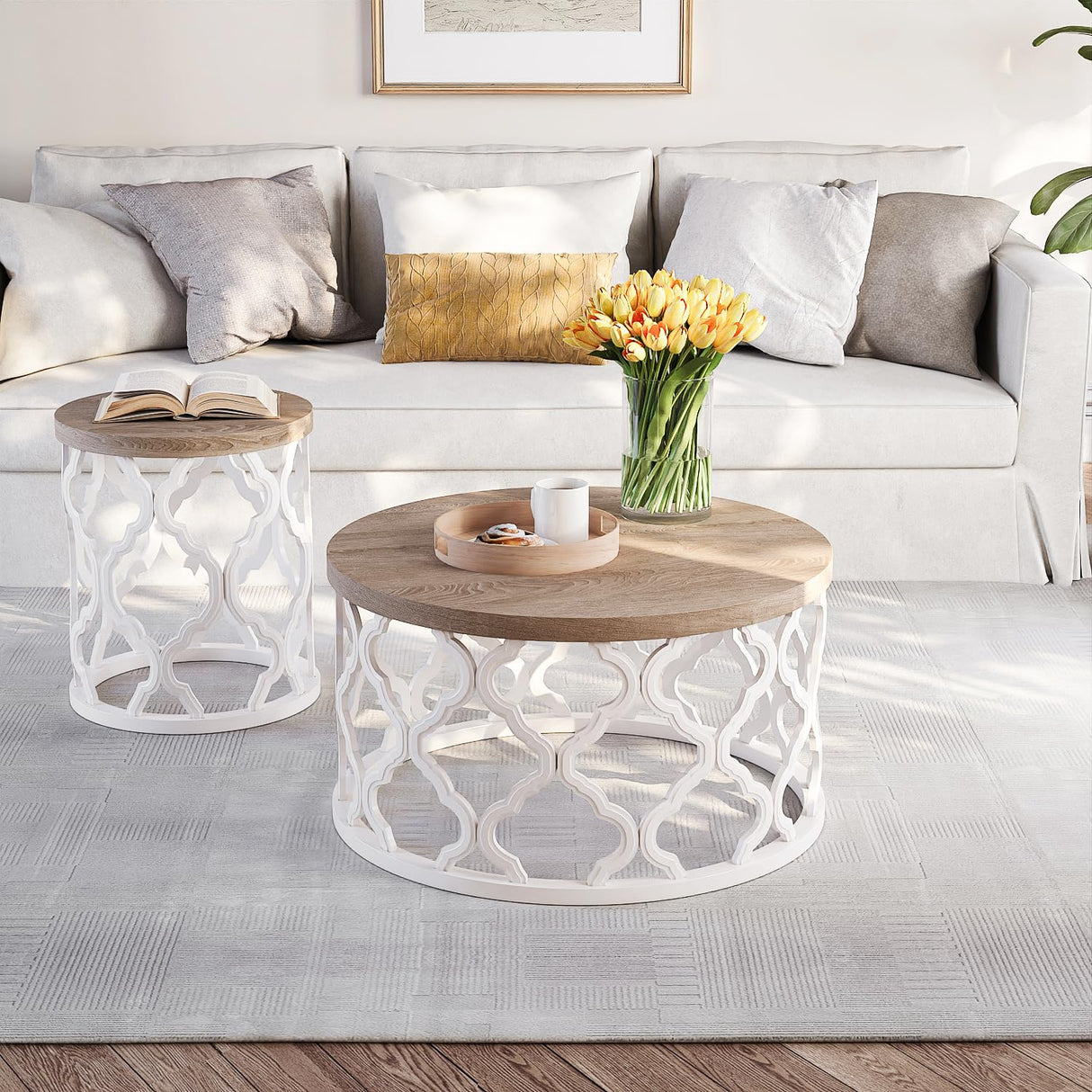 karlott Farmhouse Coffee Table, French Country Round Coffee Table, Coastal Coffee Table with Distressed Top, Boho Coffee Table with Curved Motif Frame Base for Living Room, Dining Room, Bedroom karlott