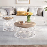 karlott Farmhouse Coffee Table, French Country Round Coffee Table, Coastal Coffee Table with Distressed Top, Boho Coffee Table with Curved Motif Frame Base for Living Room, Dining Room, Bedroom karlott