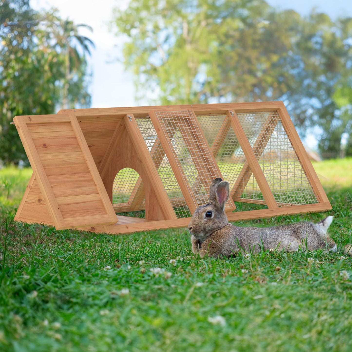 Rabbit Hutch, Small Chicken Coop Outdoor A-Frame Quail Cage with 2 Door & Run Cage Wooden Triangle Quail Hutch with Ventilating Wire Poultry Hutch for Small Animal (Wood)