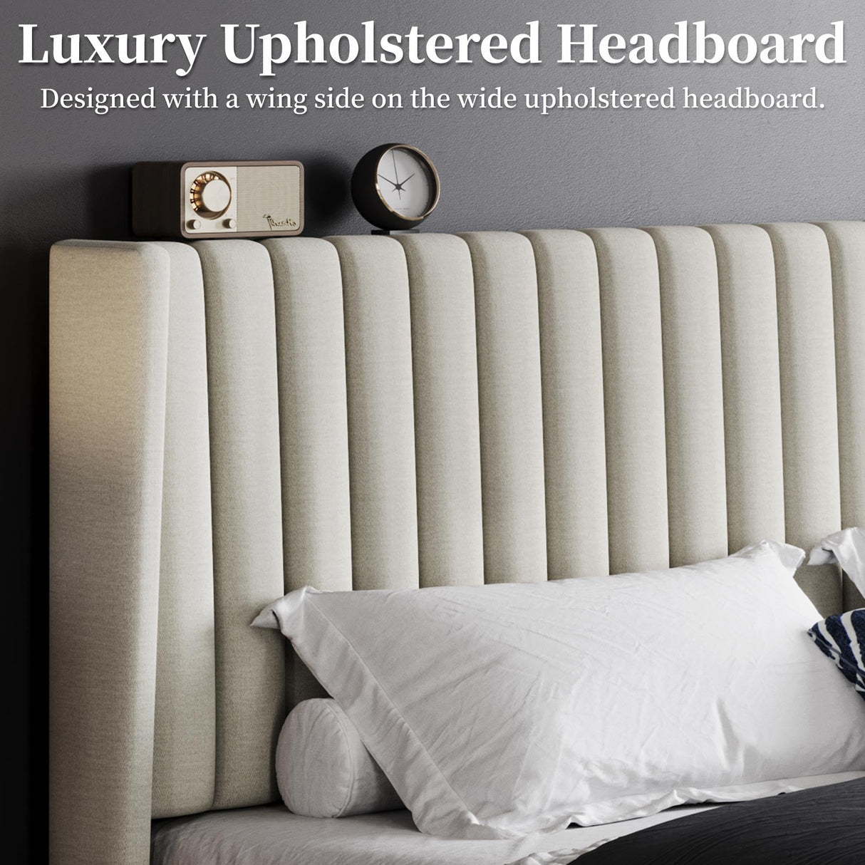 Yaheetech King Bed Frame Upholstered Platform Bed with Fabric Headboard, Wing Edge Design/Non-Slip and Noise-Free/Wooden Slats Support/No Box Spring Needed/Easy Assembly, Beige King Bed Yaheetech