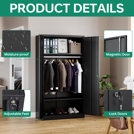 Letaya Metal Wardrobe Cabinets with Lock,Clothing Locker 72" X 36" X 18" Storage Cabinets for Home Room,Fire Department, School, Employee,Gym,Government (Black) Letaya