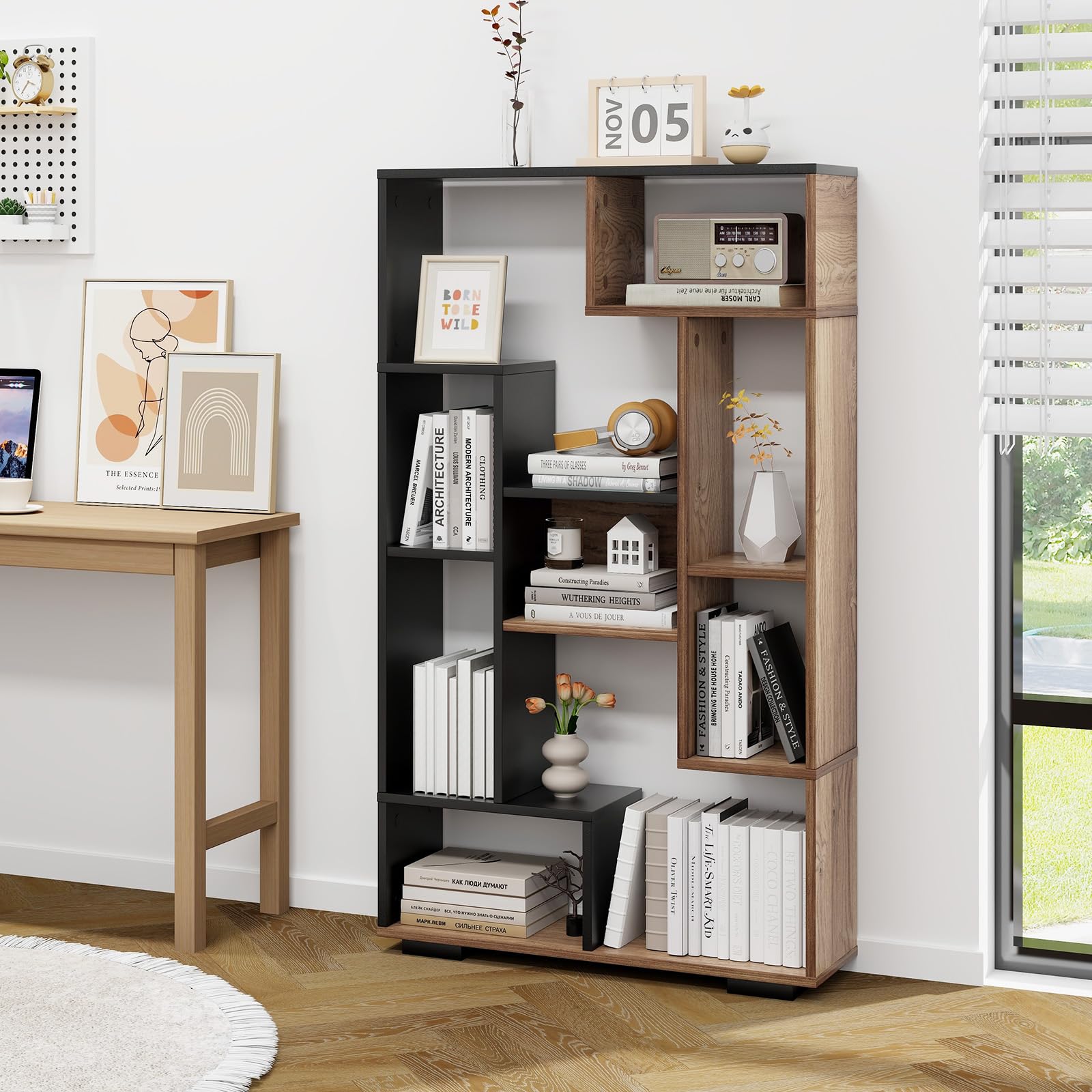 Tangkula Modern Geometric 47-Inch Bookshelf with 9 Cubes and Open Shelves for Stylish Storage - WoodArtSupply