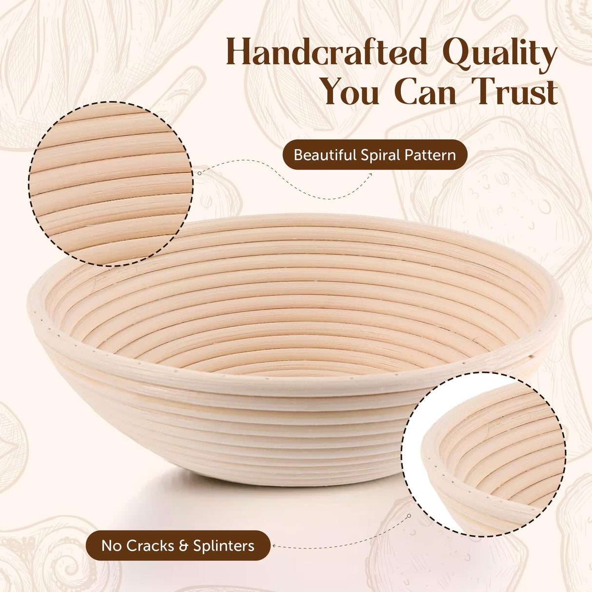 ABIOTO Bread Proofing Baskets for Sourdough Bread Baking - Set of 2 9" Round Banneton Baskets with Liners, Made of Finest Indonesian Rattan - Bake Perfect Artisan Bread Loaves at Home Like a Pro ABIOTO