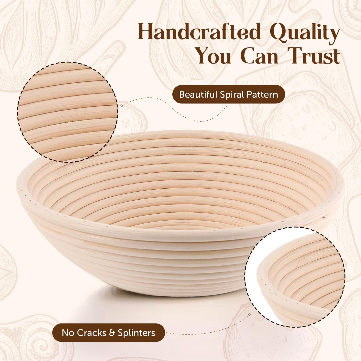 ABIOTO Bread Proofing Baskets for Sourdough Bread Baking - Set of 2 9" Round Banneton Baskets with Liners, Made of Finest Indonesian Rattan - Bake Perfect Artisan Bread Loaves at Home Like a Pro