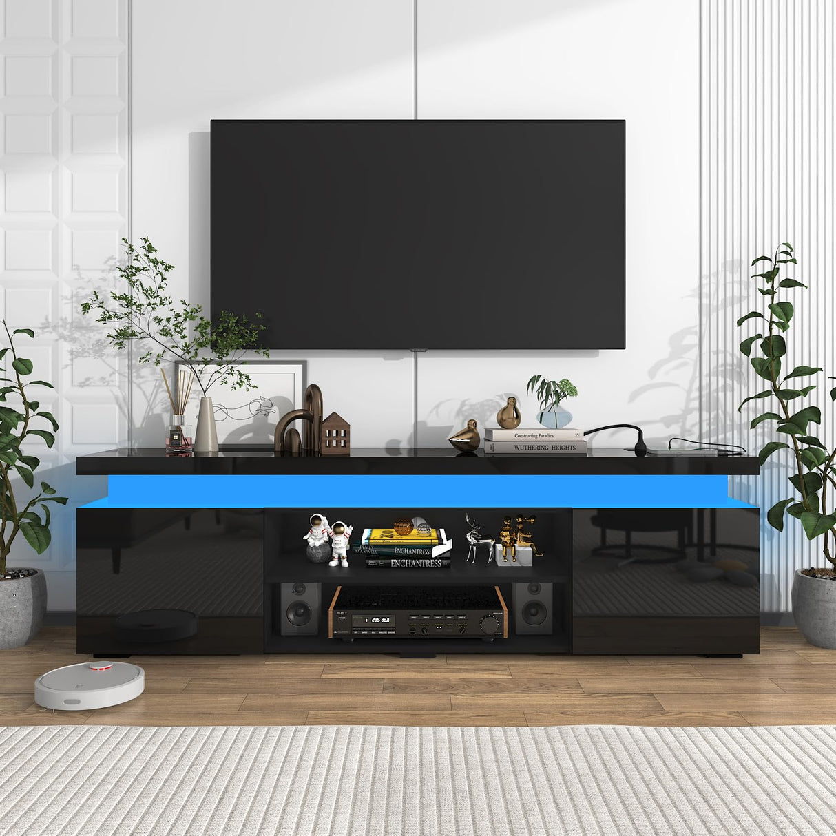 Hlivelood LED TV Stand for 75 Inch TV, Modern TV Stand with Power Outlet, High Gloss TV Console Entertainment Center with Storage and LED Lights for Living Room, Bedroom (66 Inch, Black) Hlivelood