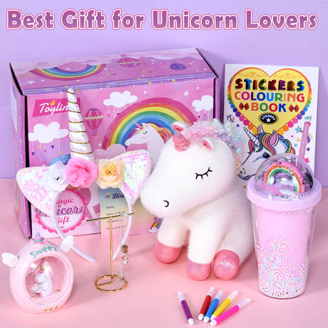 Toylink Unicorn Gift for Girls Toy Age 3 4 5 6 7 8 with Plush Stuffed Animal Water Bottle Night Light Headband DIY Color Book Pen, Christmas Birthday Gifts Idea Toys for Little Girl 3-10 Years Old Toylink