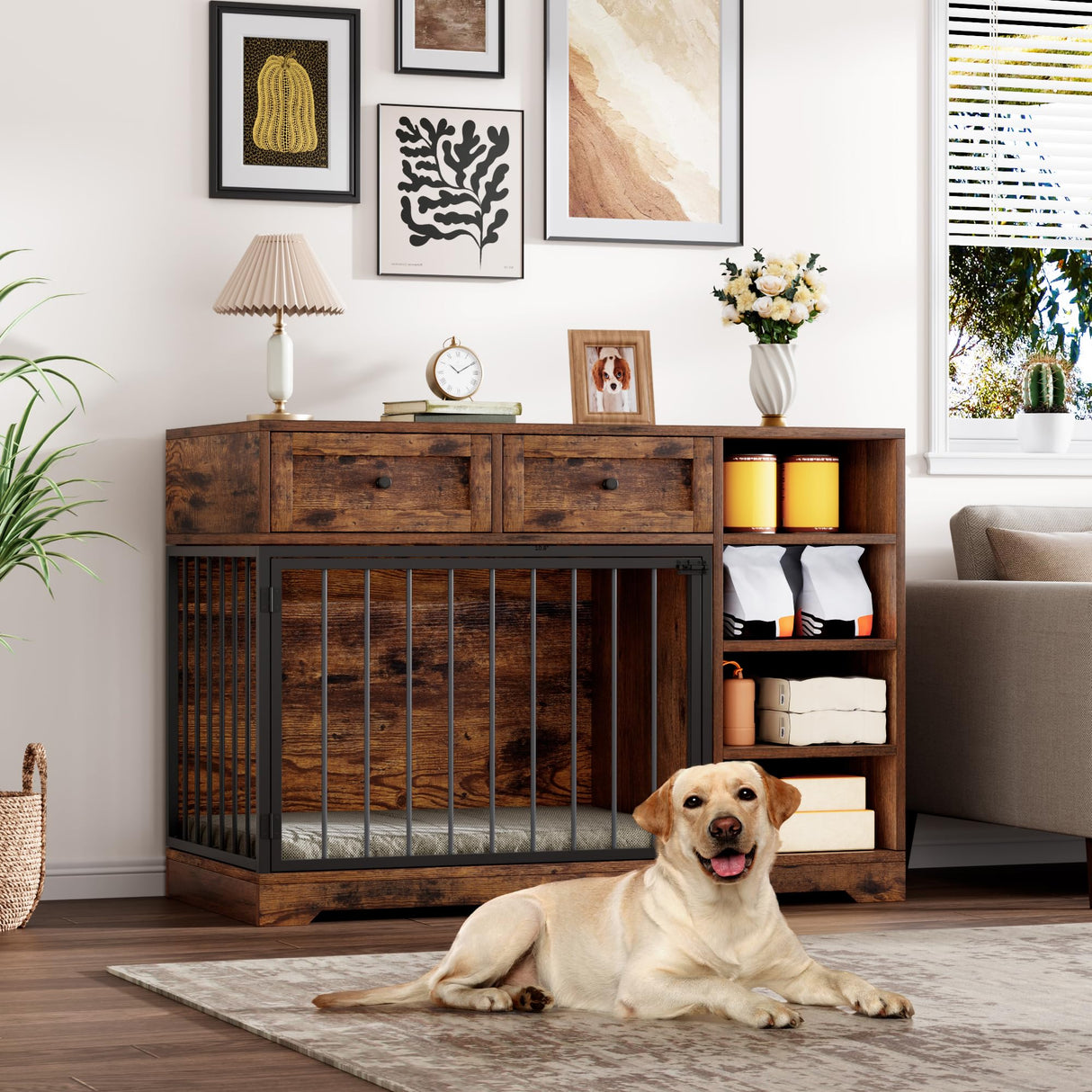 IDEALHOUSE 47” Large Dog Crate, Dog Kennel Indoor with 2 Drawers and 4 Shelves, Dog Crate Furniture TV Stand, Wooden Dog Cage for Medium Large Dogs, Brown IDEALHOUSE