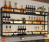 PIKYsailed 47 Inch Metal Wine Rack Wall Mounted, Bar Shelves Wall Mounted with LED Light, Large 3-Tier Liquor Bar Display Shelf with Hang Mugs and Wine Glasses for Home Bars & Kitchen, Black PIKYsailed