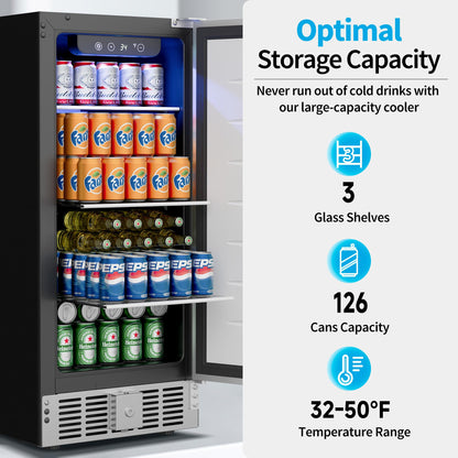 Feelfunn 15 Inch Undercounter Beverage Refrigerator - 126 Cans Beverage Fridge with Stainless Steel Door for Beer Wine Soda - Built-in or Freestanding Wine Cooler for Home Kitchen Bar Outdoor