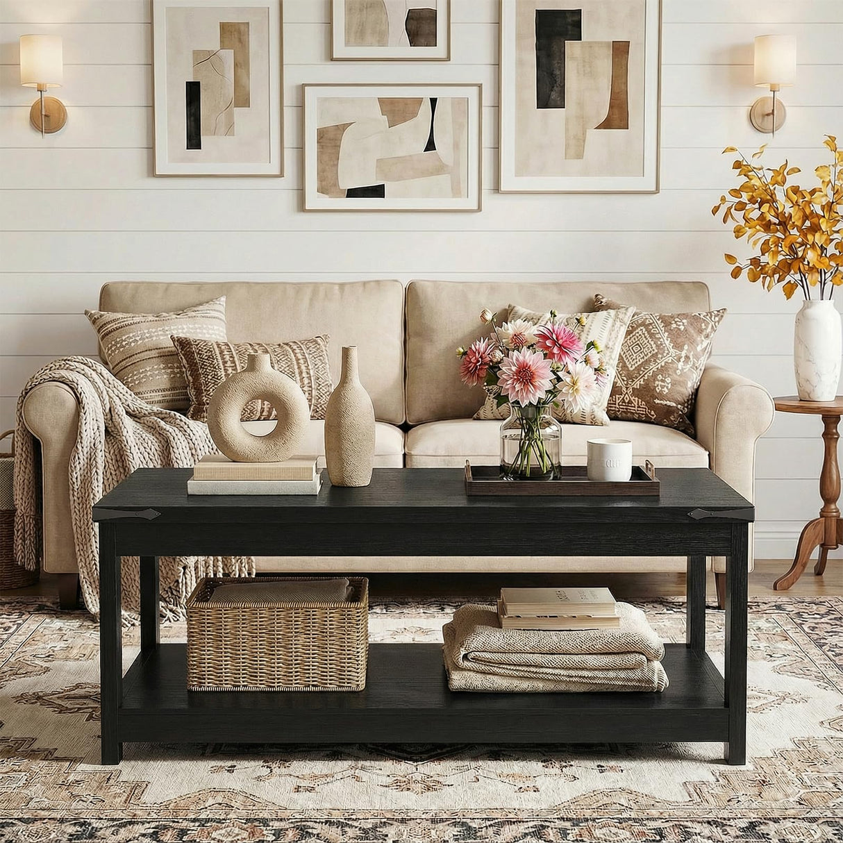 Homieasy Coffee Table with Storage Shelf, 43.3” Farmhouse Wood Coffee Tables for Living Room, Modern Center Tea Table, Black