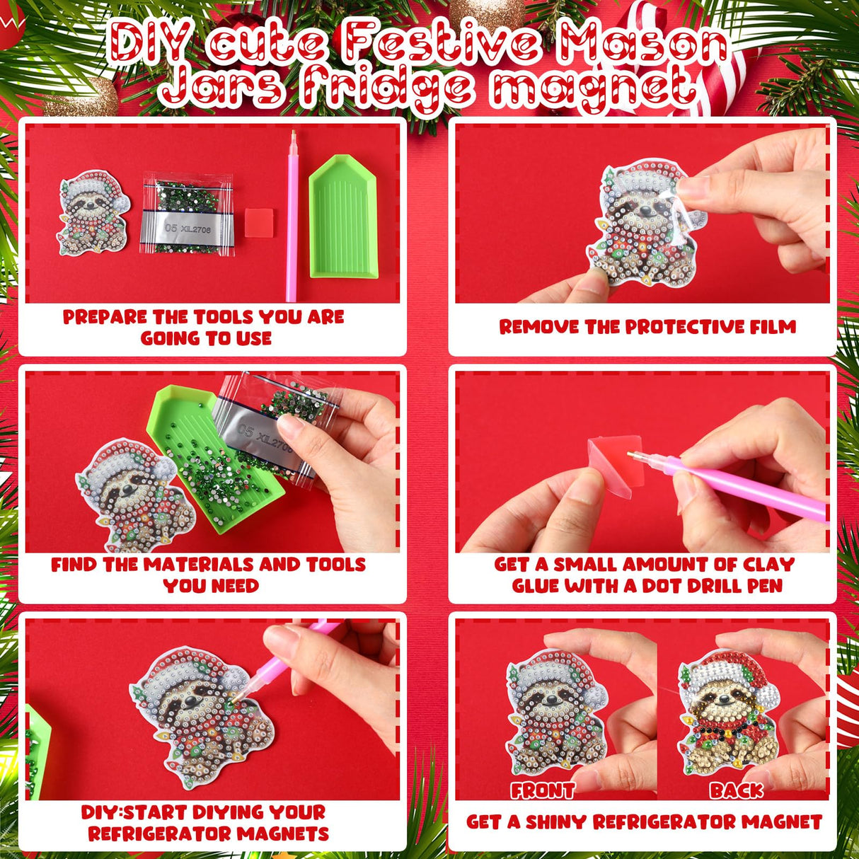 Xuhal 30 Pcs Christmas Diamond Painting Magnets Christmas Animal Diamond Art Magnet Kits for Adults Cute 5D Rhinestone Xmas Santa Hats Animal Refrigerator Magnetic Sticker for DIY Craft Fridge Gifts Xuhal