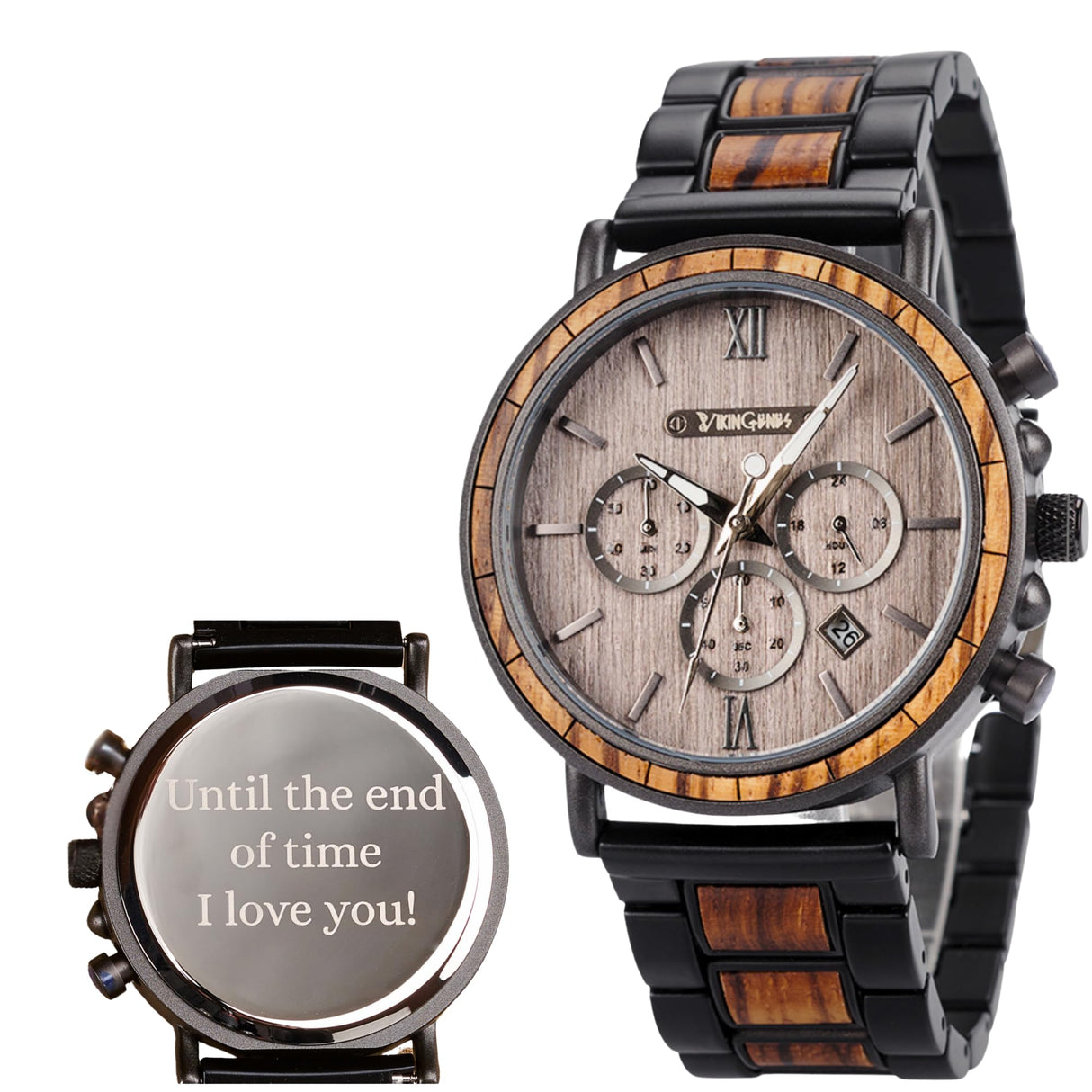 Vikingenes Men's Personalized Wooden Watch – Engraved Wood Watch for Him, Unique Mens Gift, Personalized Wooden Watch, Natural Wood Wristwatch, Personalized Men's Birthday Gift Vikingenes