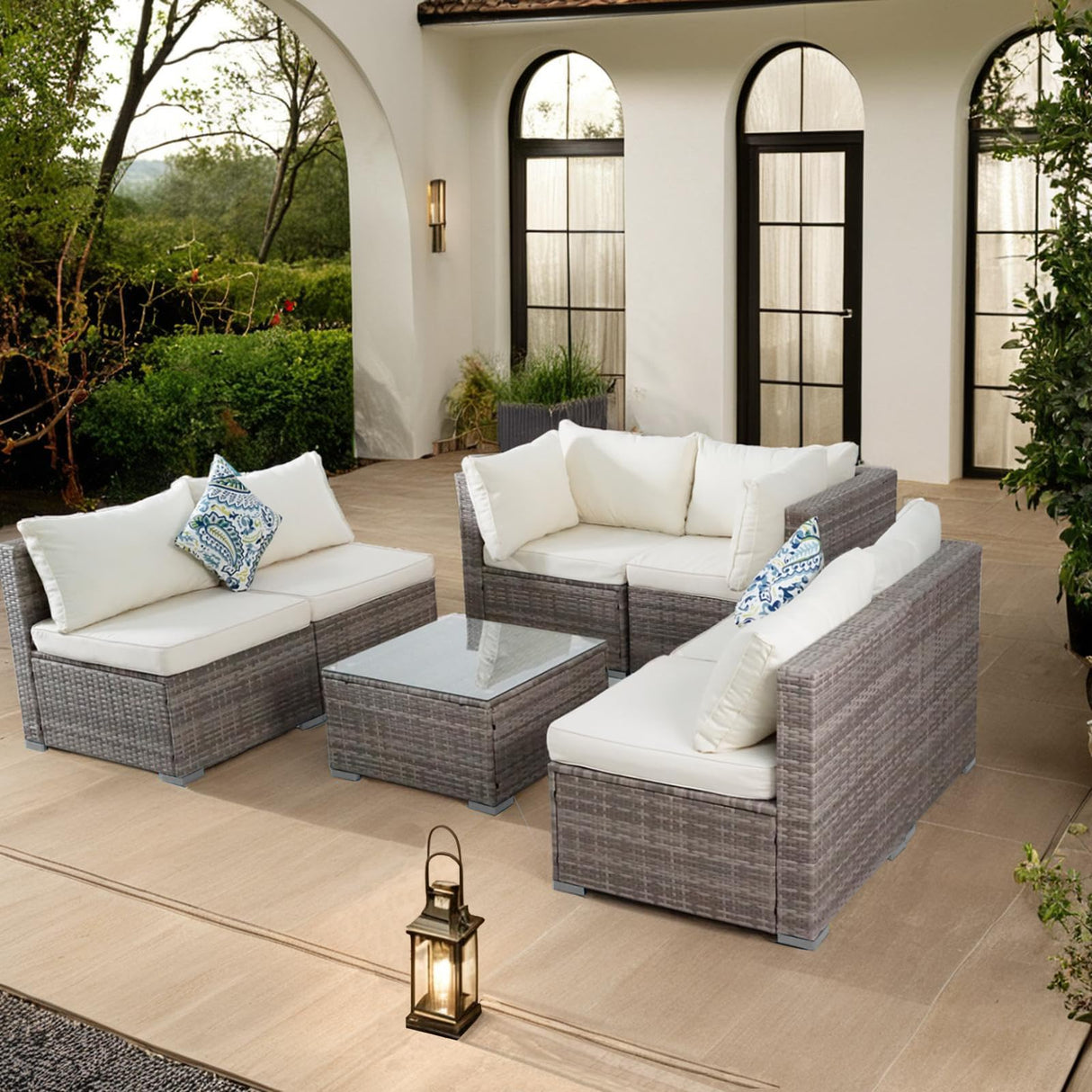 7 Piece Outdoor Patio Sectional Sofa Set, All-Weather Wicker Patio Furniture Set, with able Cushions & Tempered Glass Table for Backyard, Poolside, Garden Patio Conversation Sets Generic