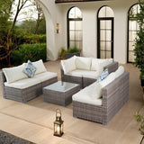 7 Piece Outdoor Patio Sectional Sofa Set, All-Weather Wicker Patio Furniture Set, with able Cushions & Tempered Glass Table for Backyard, Poolside, Garden Patio Conversation Sets Generic