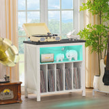 Joaxswe Large Record Player Stand with Charging Station & LED Lights, White Vinyl Record Storage Table Holds up to 230 Albums, Turntable Stand with Display Shelf for Music Room Bedroom Living Room Joaxswe