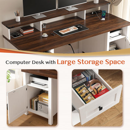 EnHomee 55" Computer Desk with Drawers Farmhouse Desk with Long Monitor Stand Reversible Wood Desk with Power Outlets Large Home Office Desk with Storage Cabinet Writing Desk with Drawers for - WoodArtSupply