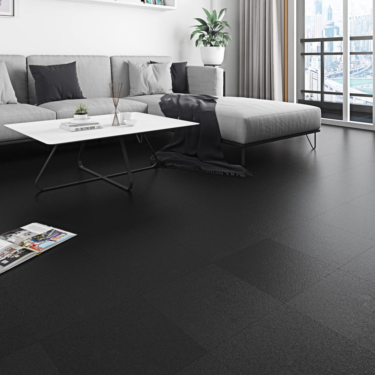 Livelynine Black Flooring 32-Pack 12x12 Inch Peel and Stick Floor Tile Waterproof Floor Tiles for Bathroom Floor Vinyl Peel and Stick Tiles Renter Friendly Floor Stickers Garage Laminate Flooring Livelynine
