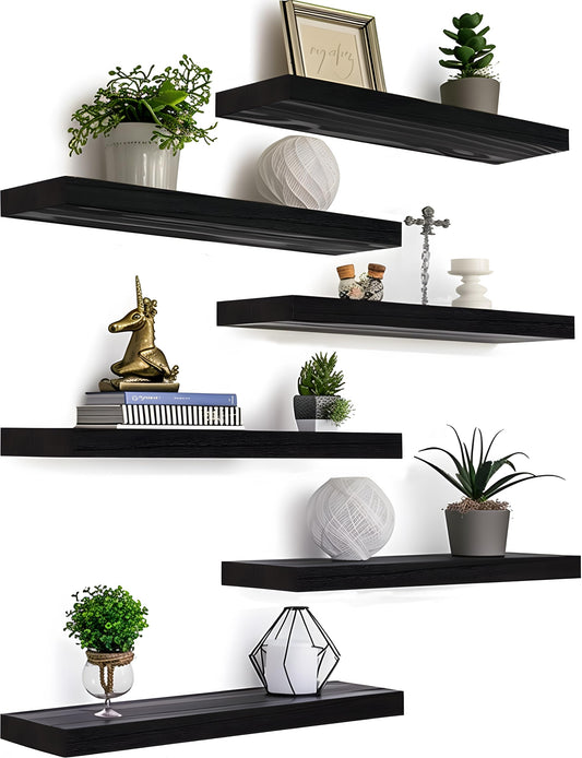 GXYAWPJ Farmhouse Floating Shelves for Wall, Rustic Black Wall Shelves for Bedroom, Set of 6 Wood Shelves for Room Wall - WoodArtSupply