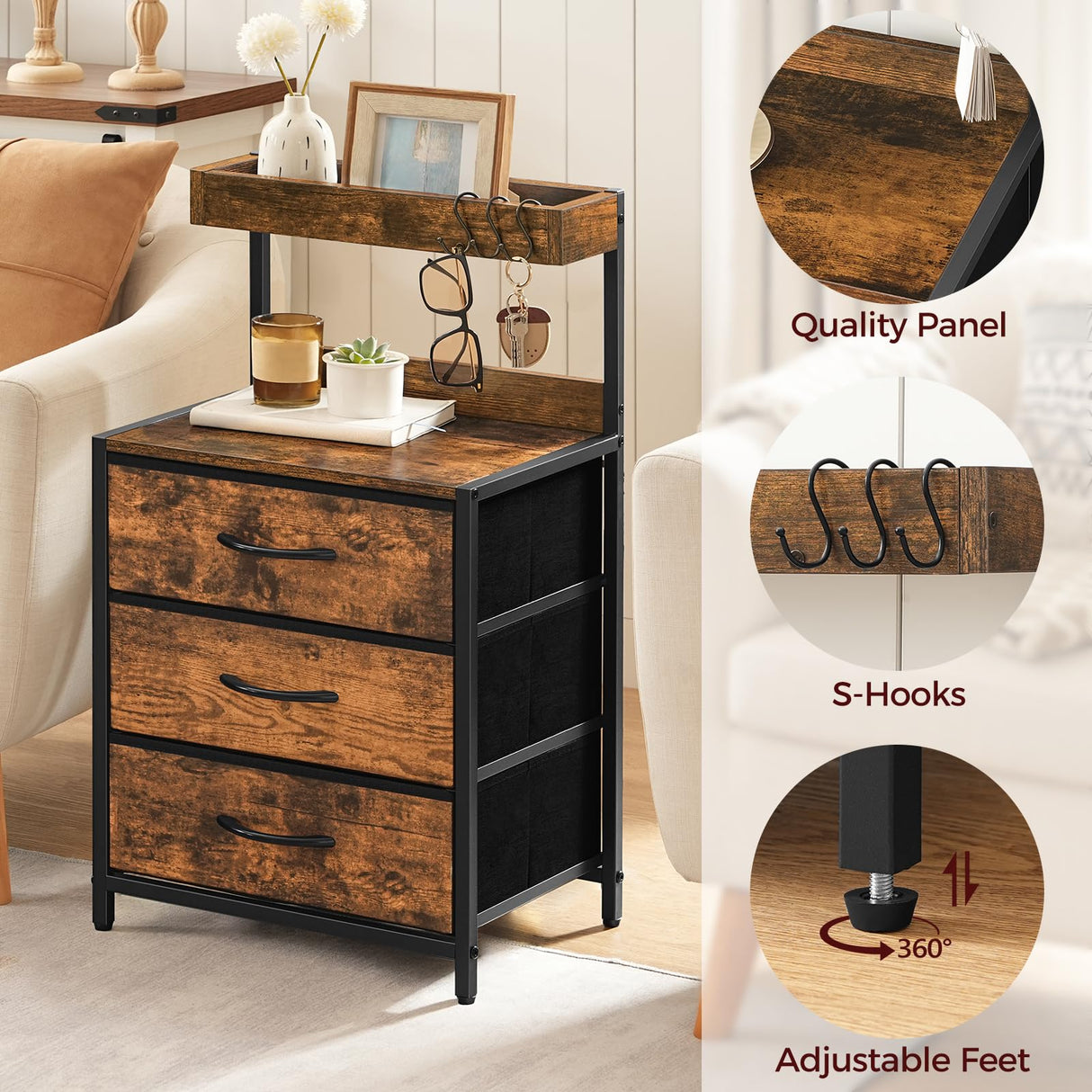 MAHANCRIS Night Stand, Nightstand with 3 Fabric Storage Drawers, Bedside Table with Storage Shelf, Bed Side Table for Bedroom, Living Room, Rustic Brown ETHR11601 MAHANCRIS