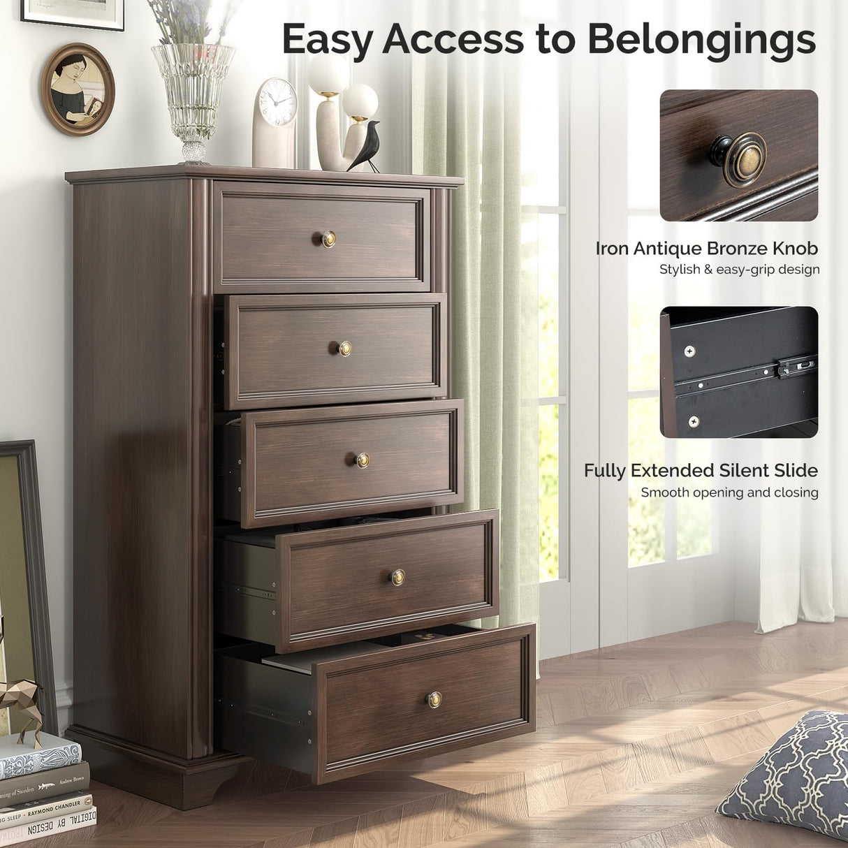 VINGLI 47" Tall Dresser 5 Drawer Chest of Drawers, Wood Dresser for Bedroom, Brown Chest Dressers Wooden VINGLI