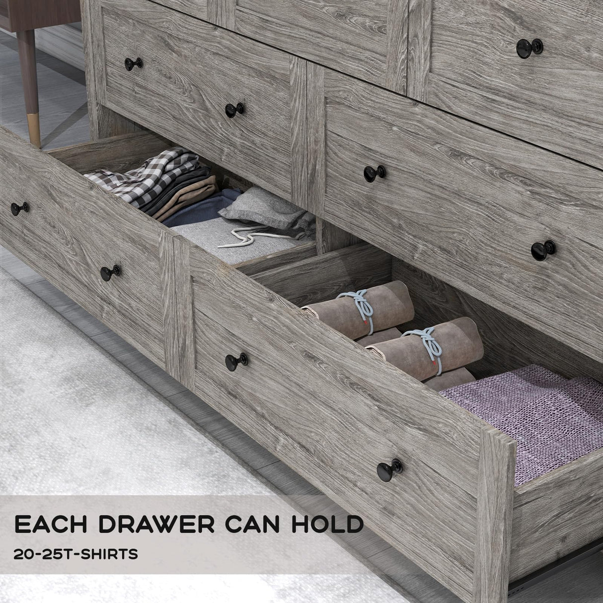 GlouMod LED Dresser with Charging Station, 7 Drawer Dressers & Chest of Drawers, Wooden Chest of Drawers for Bedroom, Closet Dresser Organizer, TV Stand, Rustic Grey GlouMod