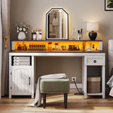 DWVO Farmhouse Office Desk with Drawer & Power Outlets, Wood Computer Desk w/LED Strip & Monitor Stand for Bedchamber Study, Home Office Table with Storage Cabinet for Working Writing Gaming (White) DWVO