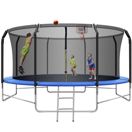 14FT Trampoline with Balance Bar & Basketball Hoop, 1.4MM Thickened Recreational Trampoline for Adults & Kids, ASTM Approved Reinforced Type Outdoor Trampoline with Enclosure Net JINS&VICO