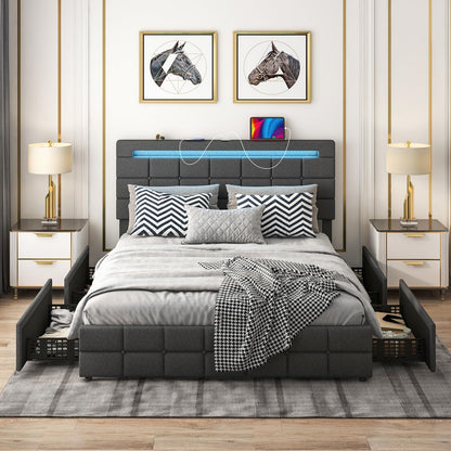 Giantex Grey Upholstered Full Bed Frame with LED Lights, USB Ports and 4 Storage Drawers - WoodArtSupply