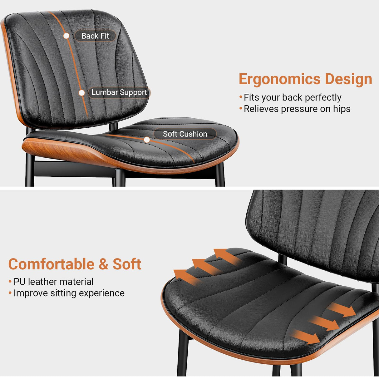 YaFiti Dining Chairs Set of 4, Dining Room and Kitchen Chairs, Mid Century Modern Accent Chair, Upholstered PU Leather Chairs for Vanity with Walnut Bentwood and Metal Legs, Black YaFiti