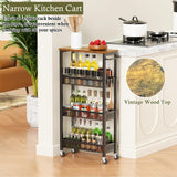 OKZEST Utility Slim Storage Cart, 4 Tier Small Rolling Kitchen Laundry Room Cart with Wood Top, Metal Narrow Bathroom Storage Cabinet Mobile Shelf Unit Organizer Trolley with Handle for Narrow Space OKZEST