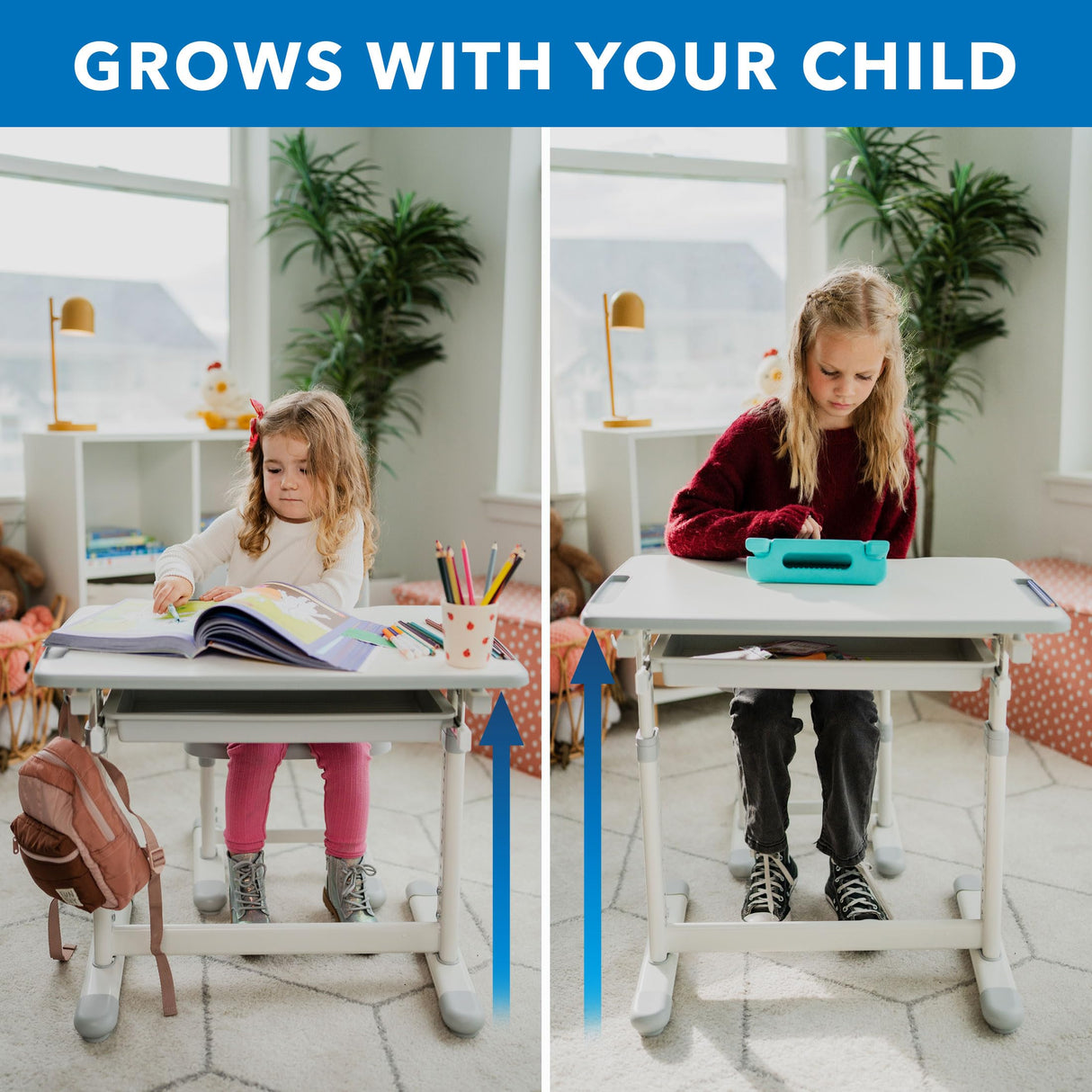 Mount-It! Kids Desk and Chair Set Height Adjustable up to 30" Ergonomic Kids Desk School, Kids Table and Chairs for Student 26" x 18" Tabletop with Pencil Drawer, 3-10 Age Children, Grey Mount-It!