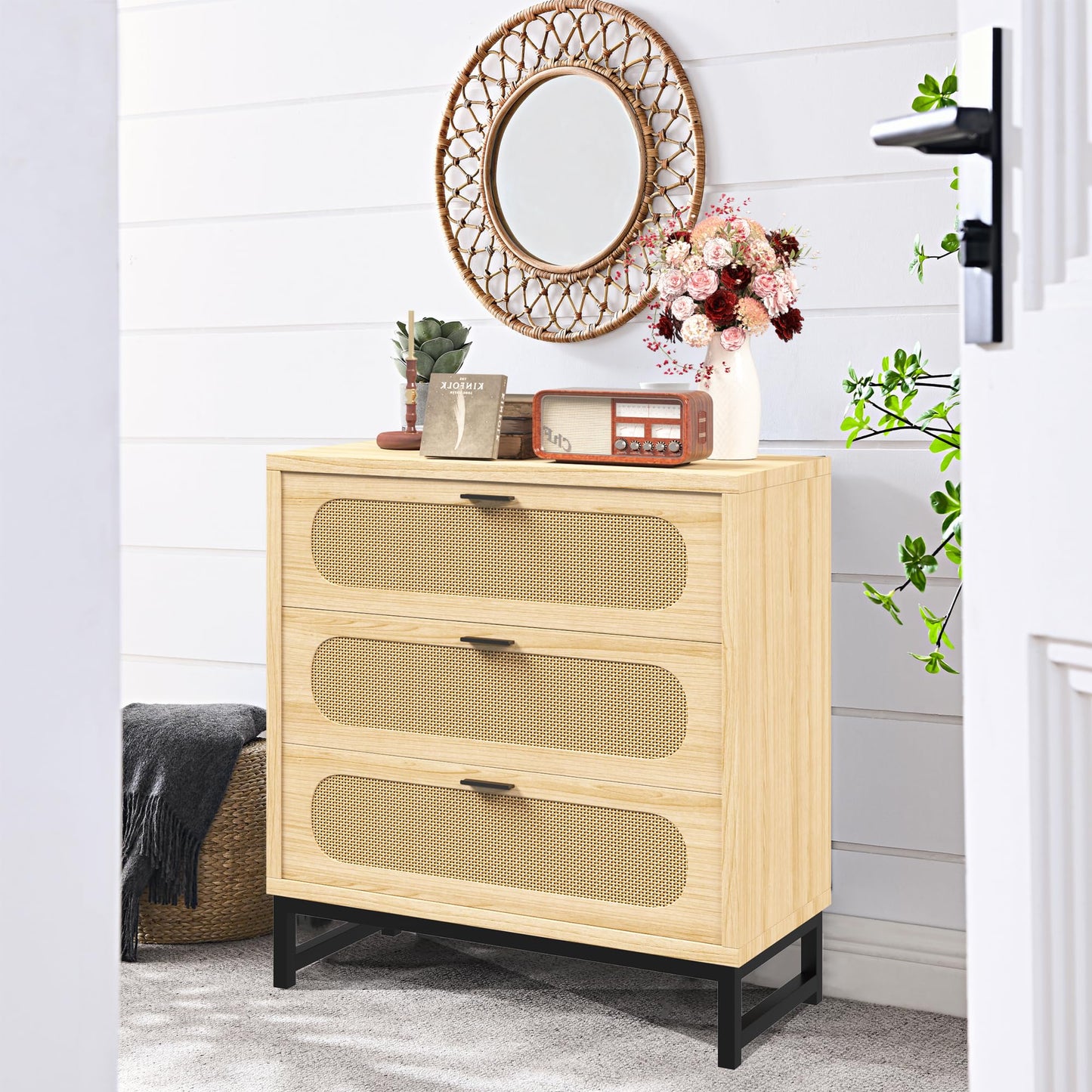 LSKTGA 3 Drawer Dresser for Bedroom, Rattan Dresser Modern Closet Dressers Chest of Drawers, Farmhouse Wood Storage Chest of Drawers for Closet, Living Room and Hallway Closet,Nature - WoodArtSupply