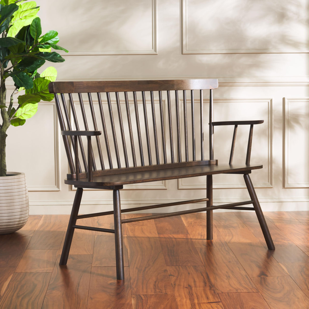 SAFAVIEH Home Collection Addison Farmhouse Dark Walnut Solid Wood Windsor Spindle Loveseat Bench Safavieh