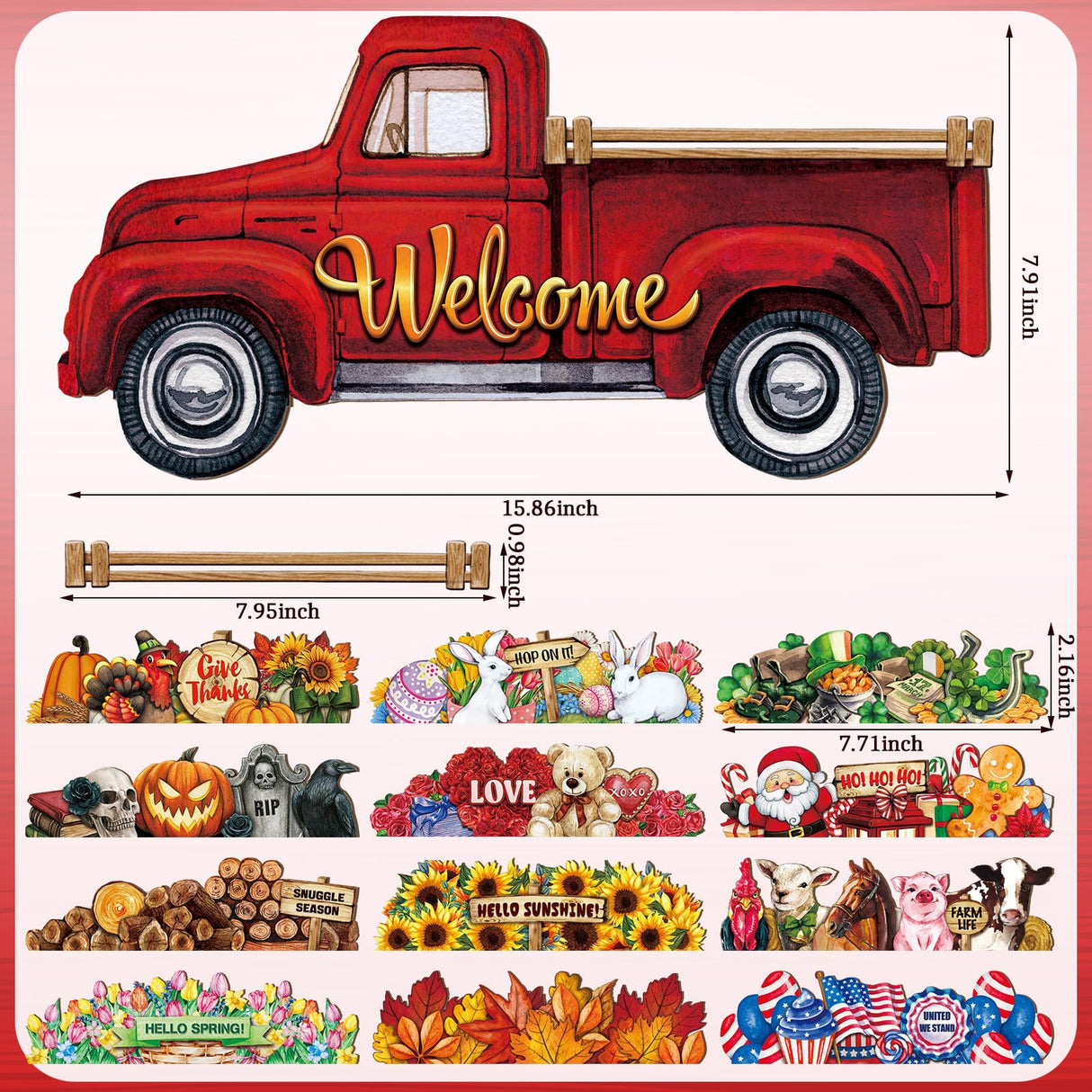 Ferraycle 13 Pcs Interchangeable Welcome Sign Red Truck Decor Welcome Sign Rustic Farmhouse Holiday Decor with 12 Holiday Signs for Fall Thanksgiving Christmas Ferraycle
