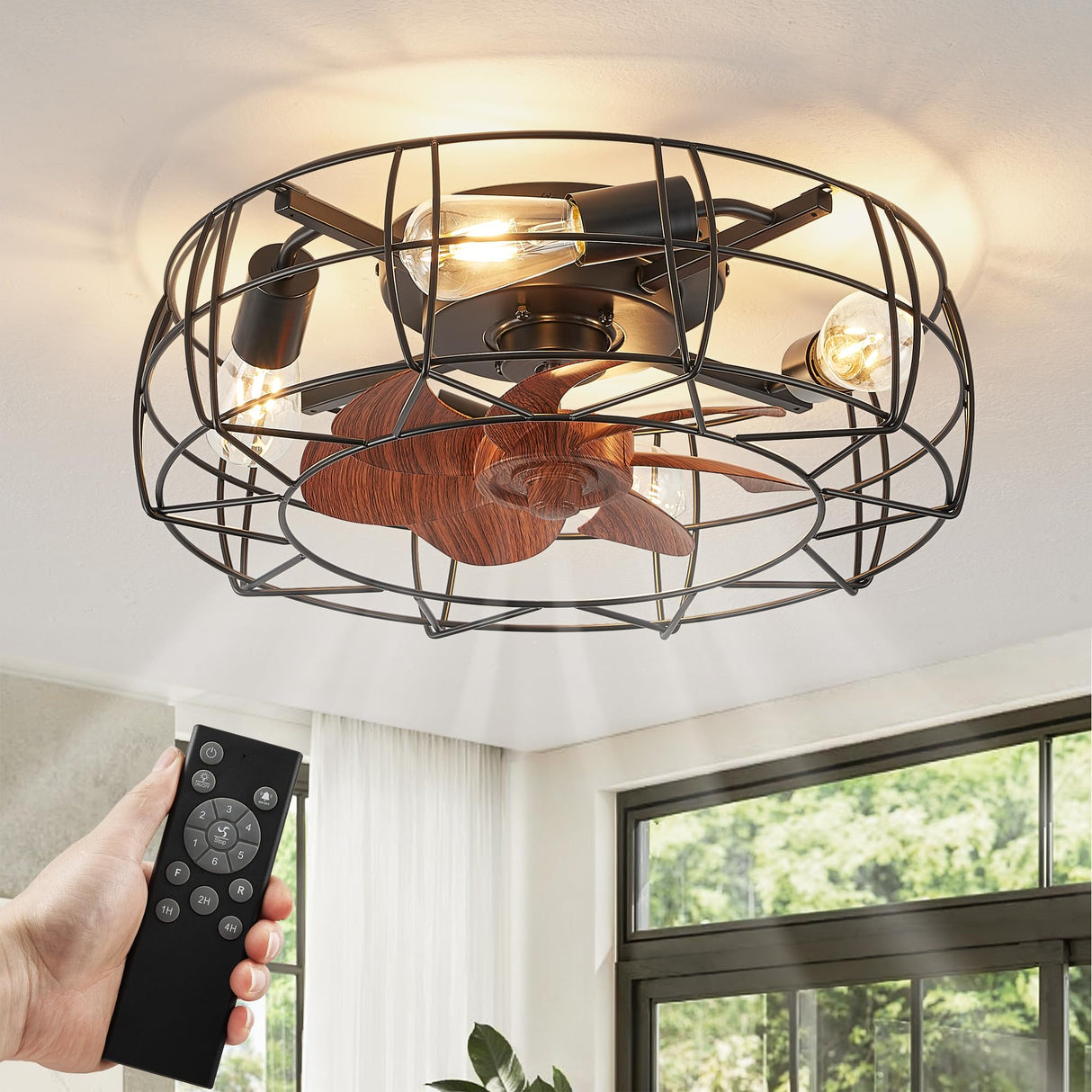 LEDIARY Caged Ceiling Fans with Lights and Remote, Flush Mount Bladeless Ceiling Fan Light Fixture, Small Farmhouse Industrial Low Profile Ceiling Fan for Bedroom Kitchen LEDIARY