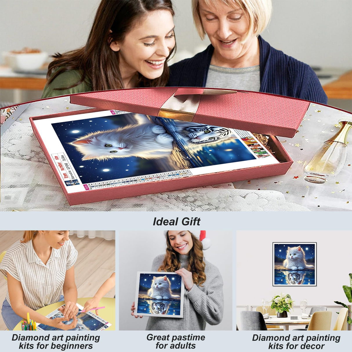 SJUTOUCI White Cat and Tiger Diamond Painting Kits for Adults, Diamond Art for Beginners, 5D Round Diamond Dots Gem Craft Art Home Wall Decor 12x12 inch, Animals SJUTOUCI