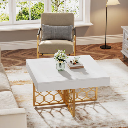 Tribesigns Wood Square Coffee Table with Gold Base White and Gold Coffee Table for Living Room White Low Coffee Table - WoodArtSupply