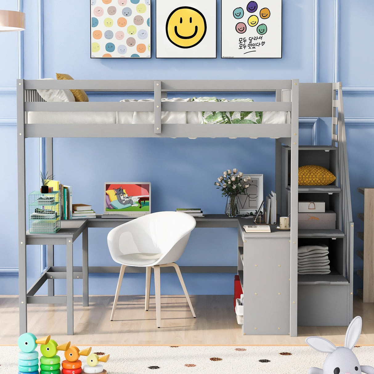 SOFTSEA Grey Full Loft Bed with L-Shaped Desk, Storage Steps, and Cabinet for Kids & Teens SOFTSEA