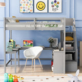 SOFTSEA Grey Full Loft Bed with L-Shaped Desk, Storage Steps, and Cabinet for Kids & Teens SOFTSEA