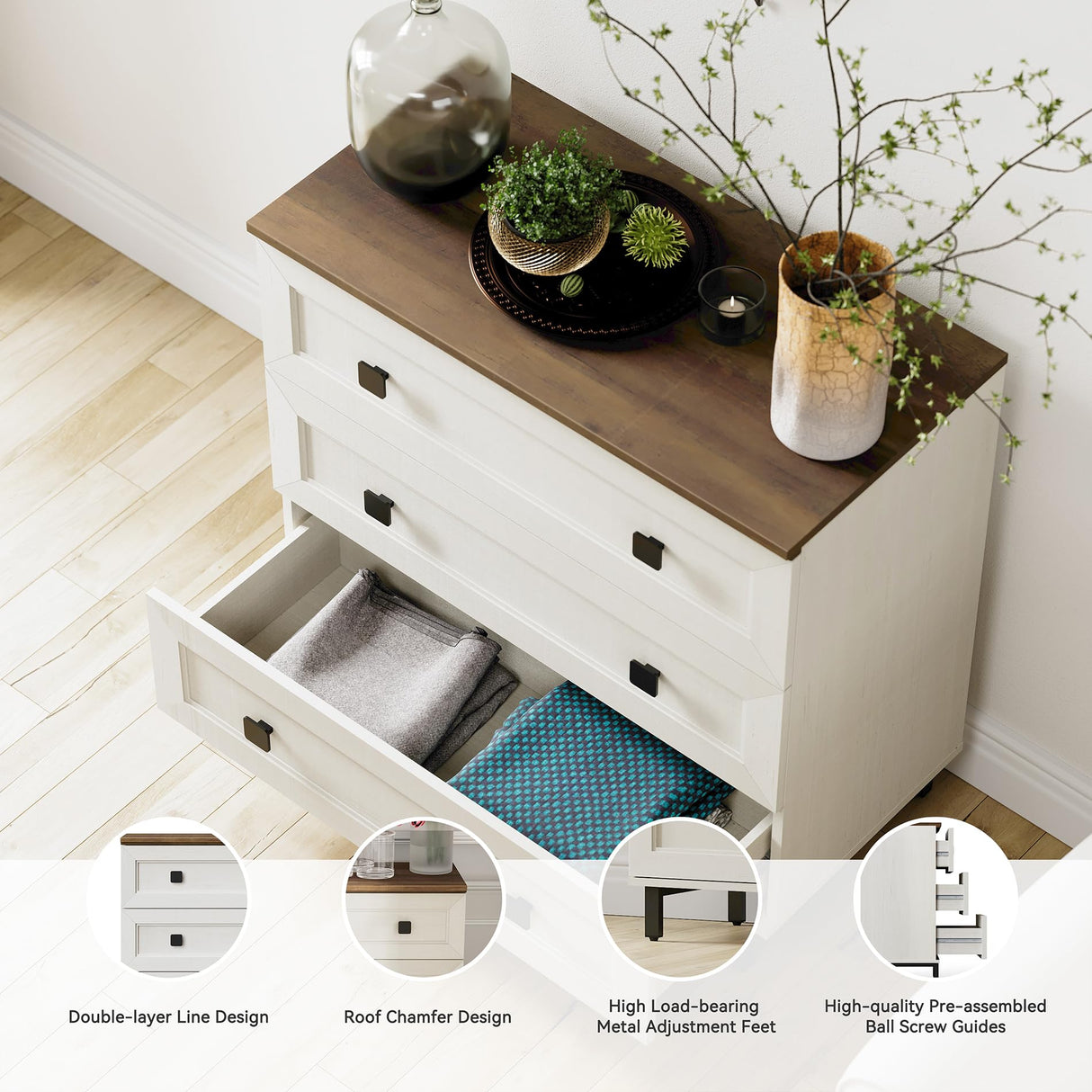 FENSULN Farmhouse 9 Drawers Dresser for Bedroom, Wood Chest of Drawers with Large Storage, Rustic Closet Dresser for Bedroom, Living Room,Nursery Antique White FENSULN