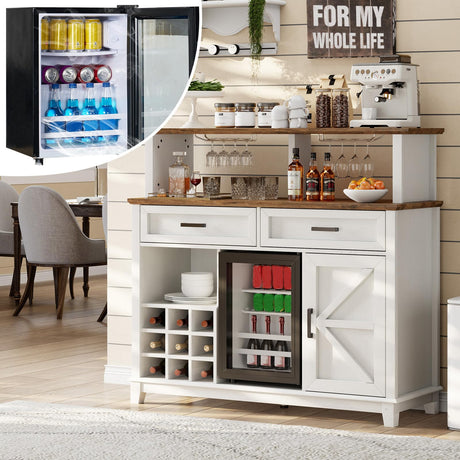 LUXOAK Farmhouse Coffee Bar Cabinet with Beverage Refrigerator Cooler, 47" Rustic Wine Bar Cabinet w/15 Mini Fridge, Barn Door & Glass Racks, Kitchen Hutch Buffet Table w/Drawer, Dining Room, White LUXOAK