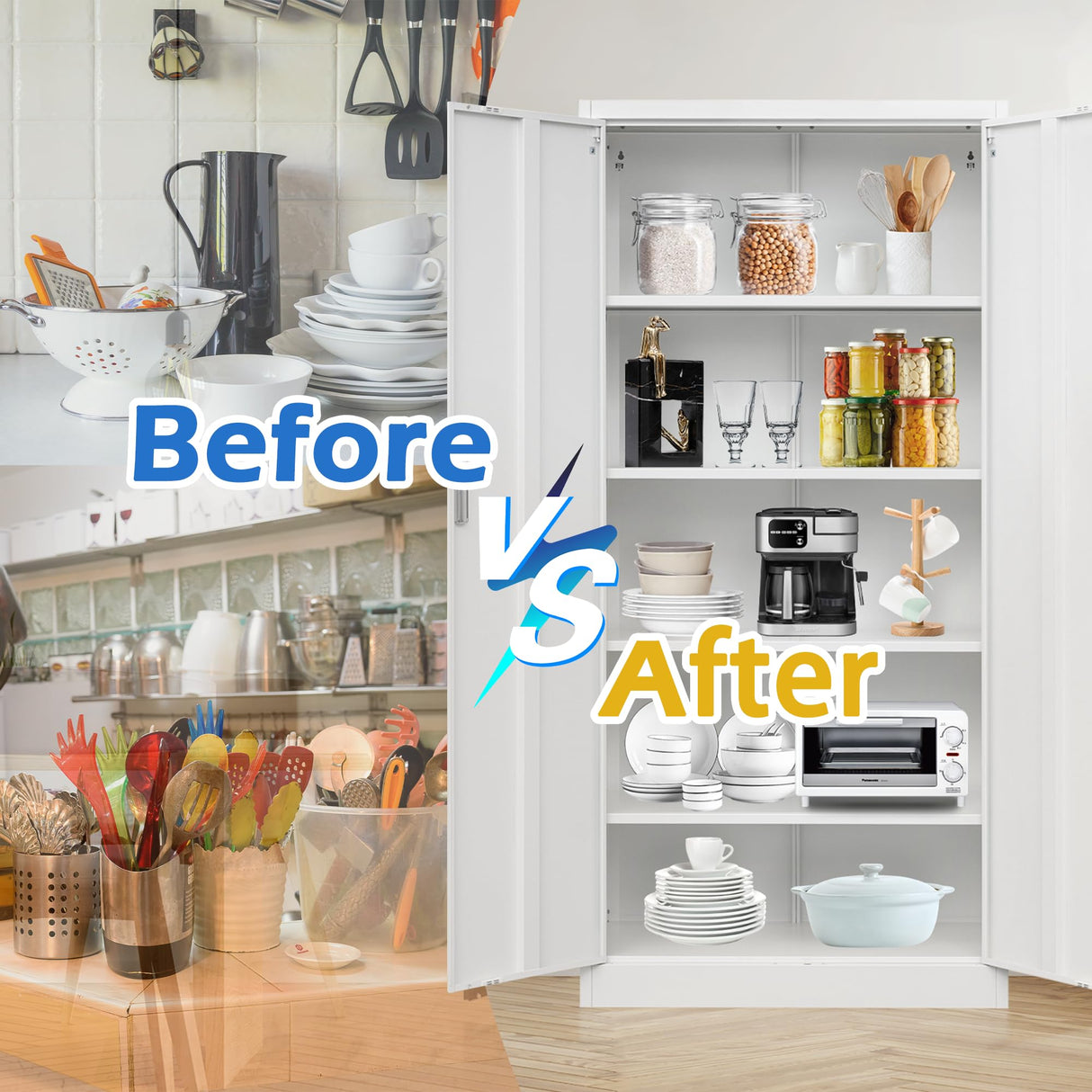 Metal Storage Cabinet, 72" H x 36" W x 18" D Locking Cabinet with Adjustable Shelves, Steel Storage Cabinets for Garage, Home, Office, Pantry (White) Wanfu