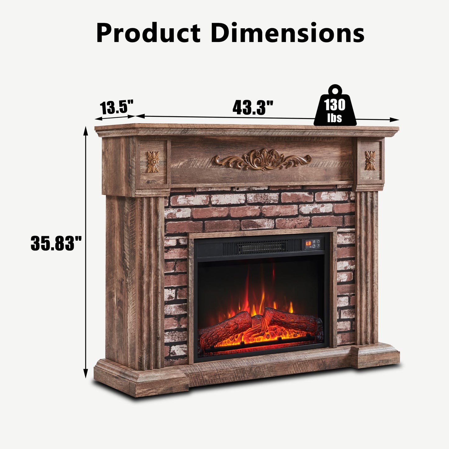 43" Electric Fireplace with Mantel, Electric Fireplace Heater, TV Stand w/Freestanding Electric Fireplace, Stacked Stone Surround, Remote Control, Adjustable Flame Level for Living Room (Light Brown)