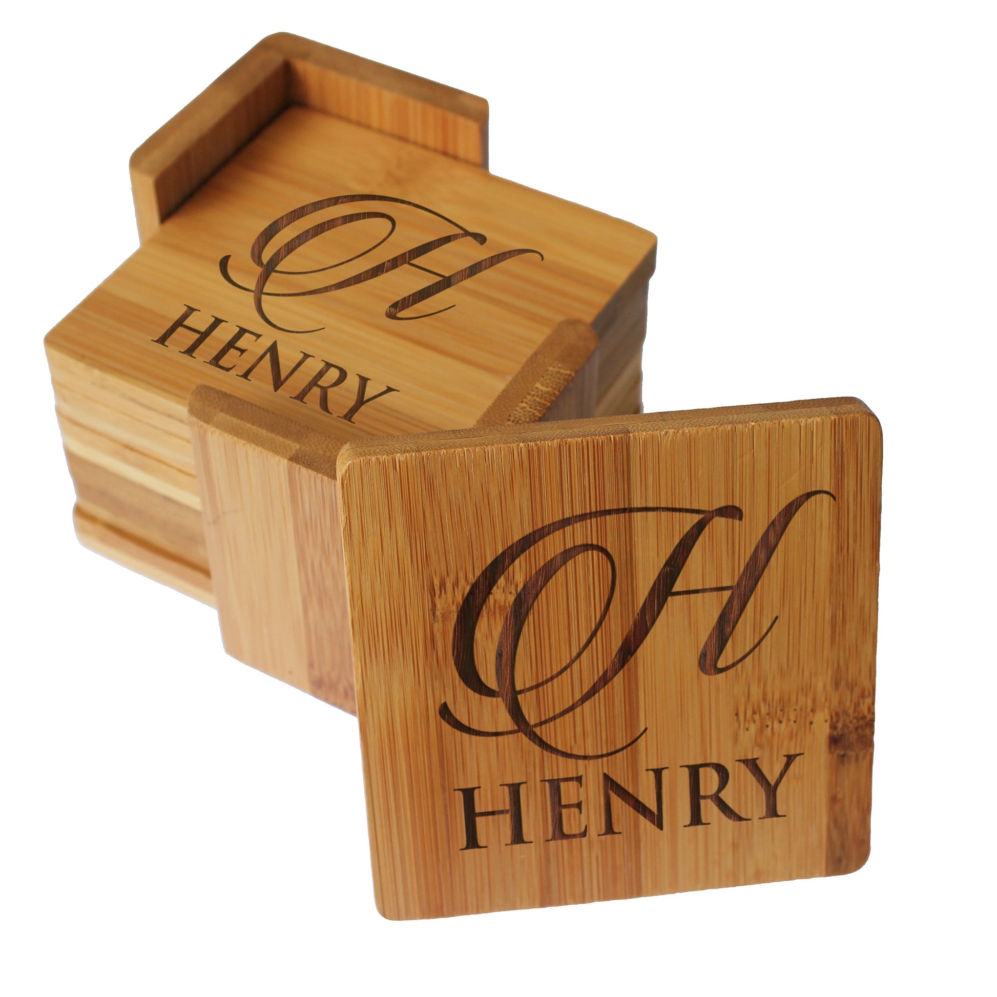 Personalized Coasters - Bamboo Coasters for Drinks with Holders - 7 Piece Set (Square) - WoodArtSupply