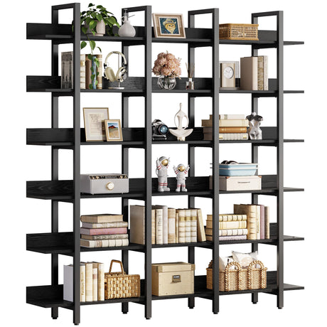 IRONCK Bookcase and Bookshelves Triple Wide 6 Tiers Large Open Shelves, Etagere Bookcases with Back Fence for Home Office Decor, Easy Assembly IRONCK