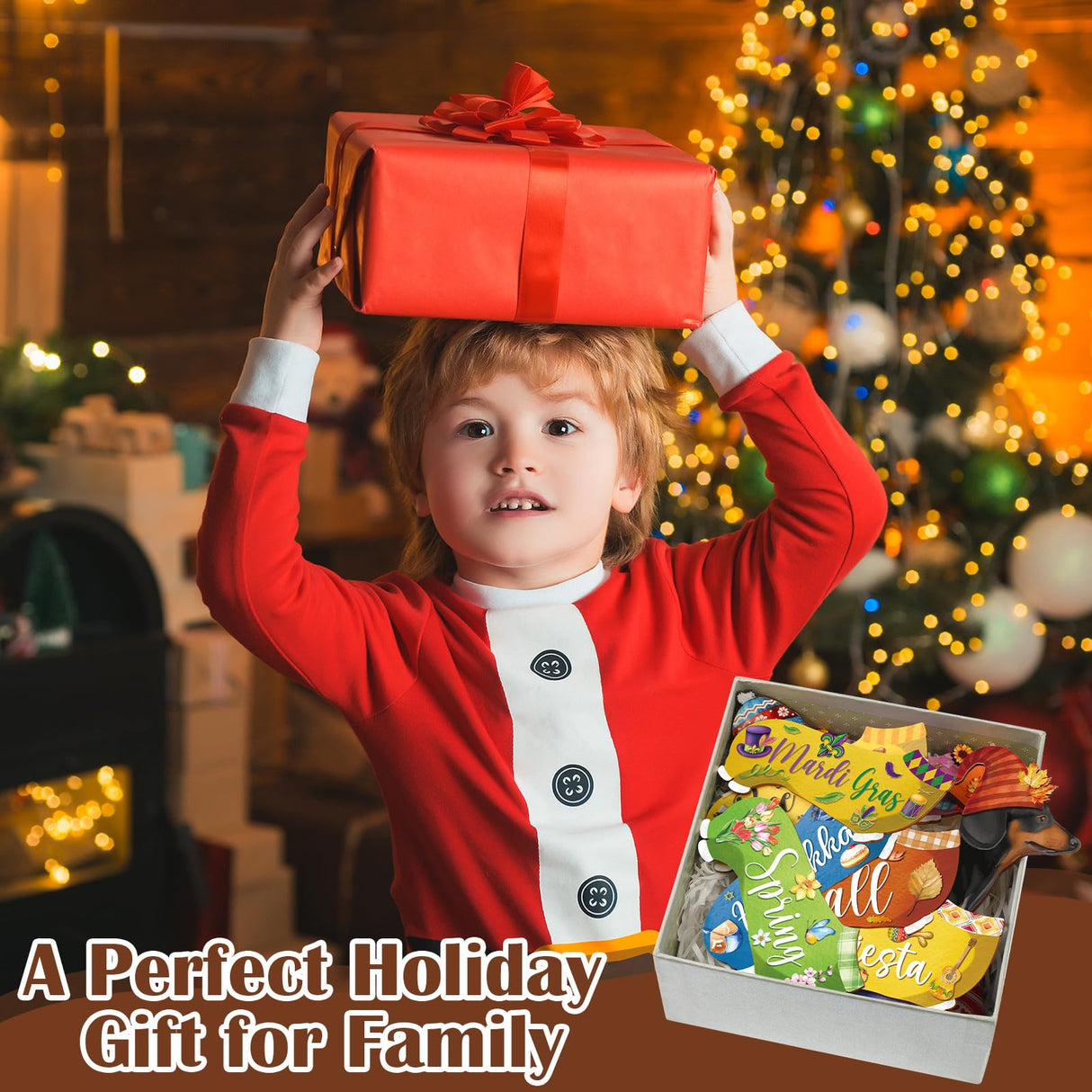 Anglechic 42 Pcs Interchangeable Christmas Dachshund Decor Holiday Seasonal Sign Wiener Dog Thanksgiving Tier Tray Decoration Farmhouse Wood Home Office Desk Accessory Welcome Ornament Pet Lover Gift Anglechic