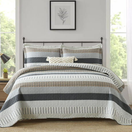 Finlonte Queen Size Quilt Set, 100% Cotton, Grey Striped Reversible Lightweight Soft Quilted Comforter Set for All Season, 3-Piece Finlonte