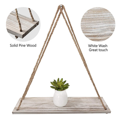 EMAISON Hanging Distressed Wood Floating Shelves with Swing Rope, Farmhouse Organizer Rustic Home Décor, Set of 2 (Set of 2, White Wash)